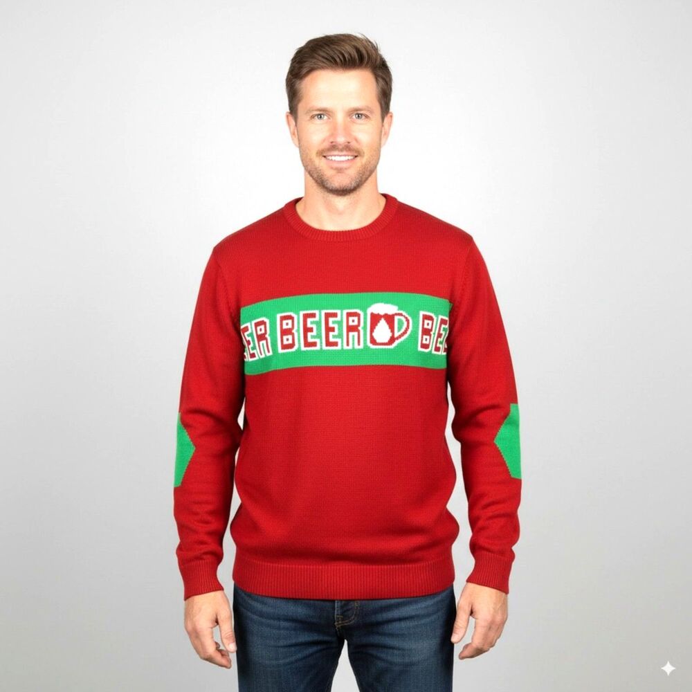 Volcom Strange Brew Men's L Red Beer Graphic Christmas Crewneck Sweater